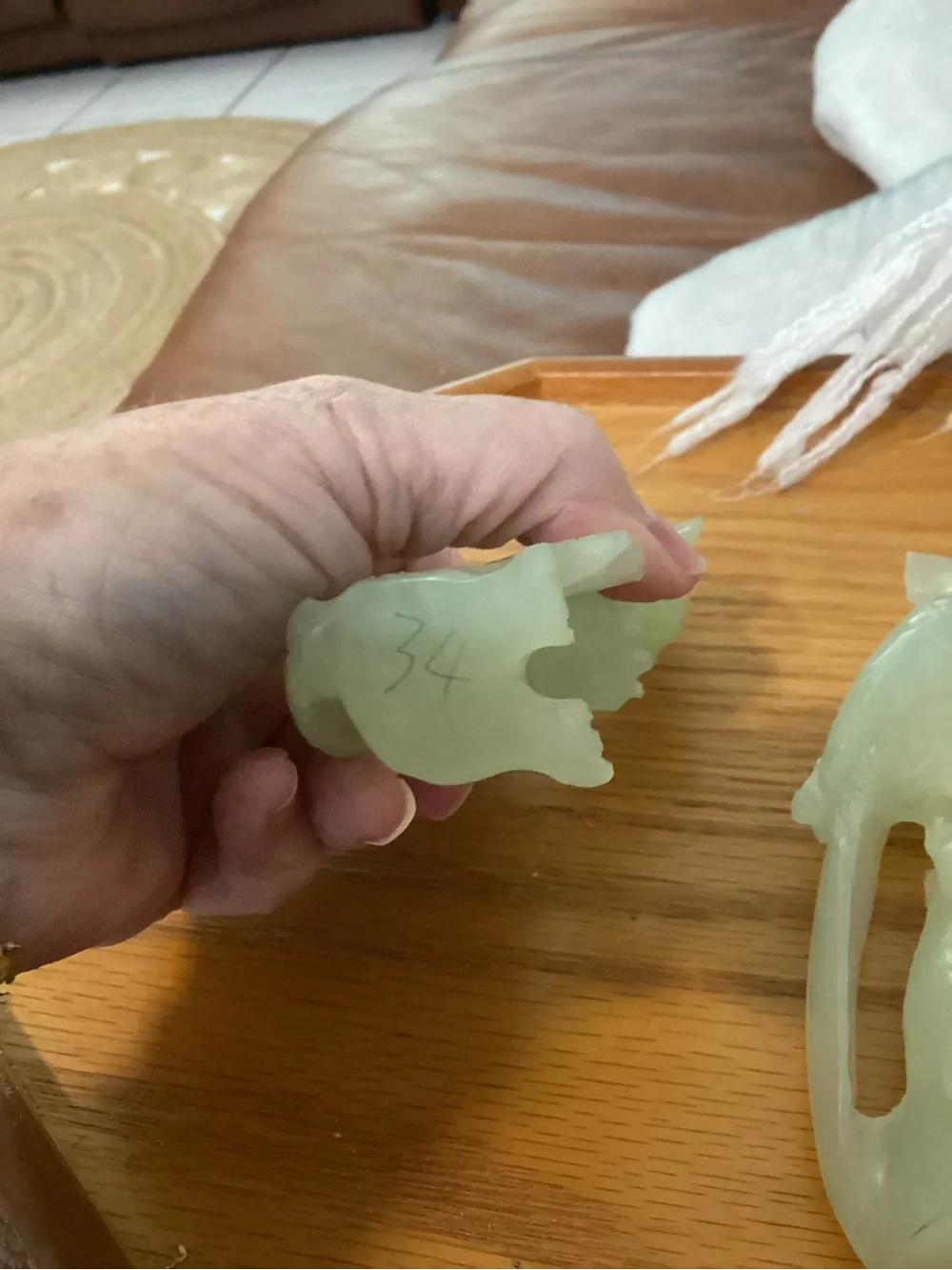 Carved Jade-Look Parrot Figurines -Have Damage on Head Feathers